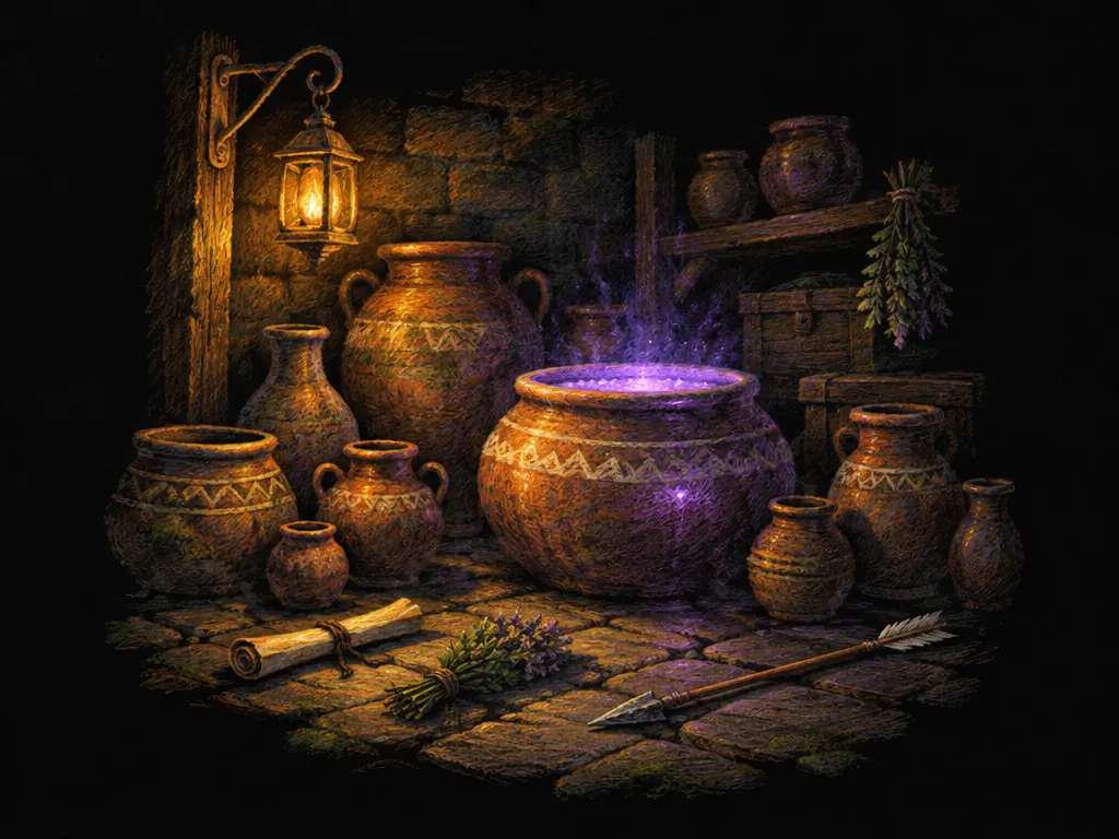 Ruang penyimpanan dungeon penuh pot tanah liat, satu pot besar bercahaya ungu dari dalam, gulungan dan panah tergeletak di lantai
