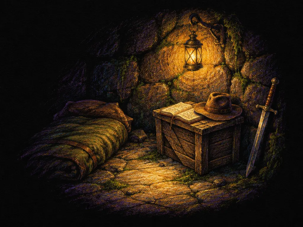 Kamar istirahat di dungeon: kasur gulung, peti kayu dengan jurnal terbuka dan topi lebar, pedang bersandar di dinding, lentera tergantung